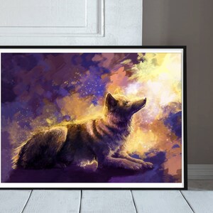 May include: A painting of a wolf howling at the moon. The wolf is silhouetted against a purple and yellow sky with stars. The wolf is looking up at the moon, which is not visible in the image.