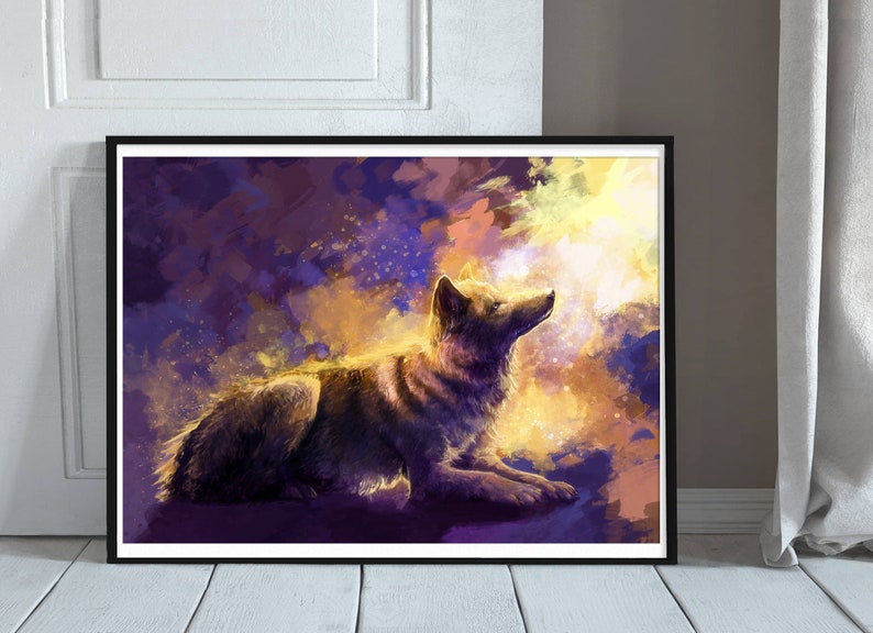 May include: A painting of a wolf howling at the moon. The wolf is silhouetted against a purple and yellow sky with stars. The wolf is looking up at the moon, which is not visible in the image.