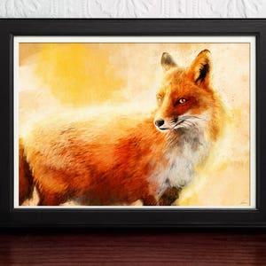 May include: A watercolor painting of a red fox with a white chest and a yellow background.