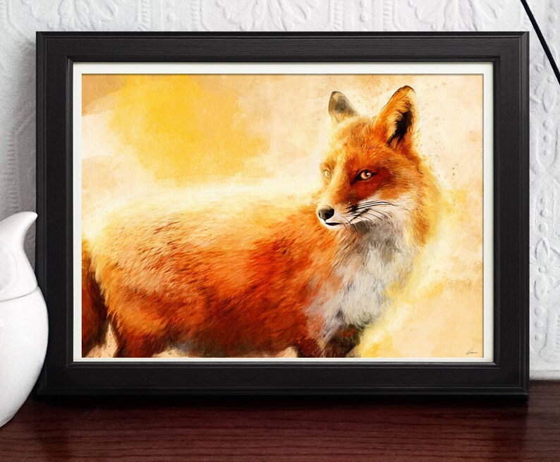 May include: A watercolor painting of a red fox with a white chest and a yellow background.