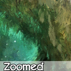 May include: Abstract painting with a green and blue color scheme. The painting has a textured look, like it was painted with a brush. The text "Zoomed View" is at the bottom of the image.