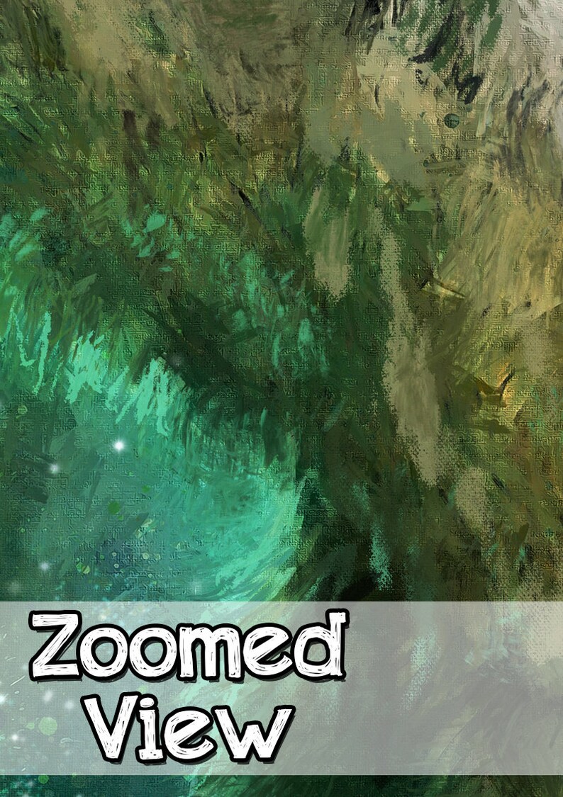 May include: Abstract painting with a green and blue color scheme. The painting has a textured look, like it was painted with a brush. The text "Zoomed View" is at the bottom of the image.