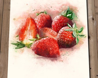 Impressions de cuisine - impression d'art fraise - oeuvre d'art de cuisine - art mural fruits - fruits rouges - fraises - style aquarelle - poster déco fruits