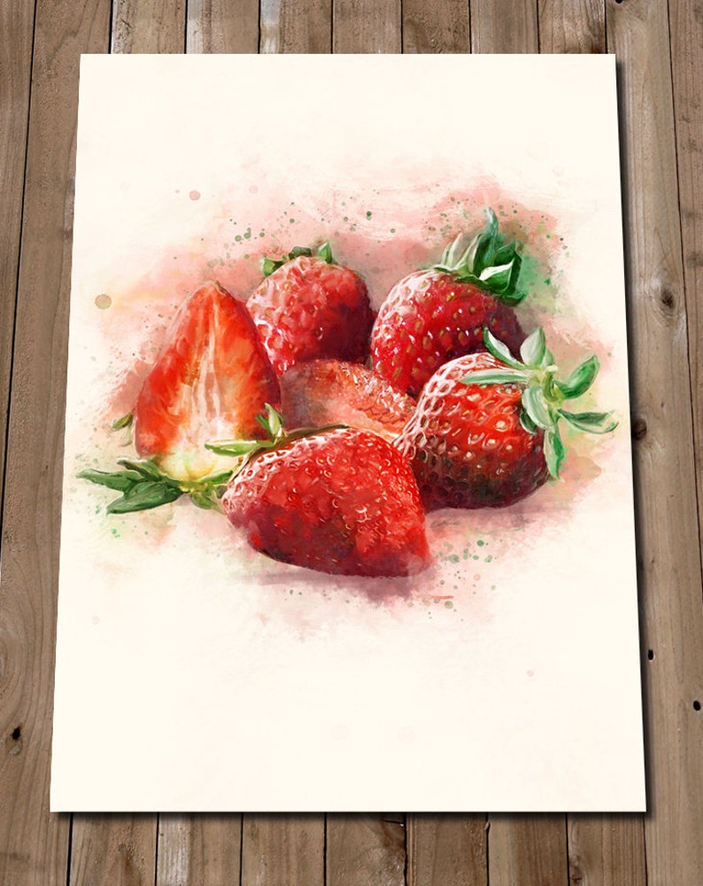 Kitchen Prints - Strawberry Art Print - Kitchen Artwork - Fruit Wall Art - Red Fruit - Strawberries - Watercolour Style - Fruit Decor Poster image 1