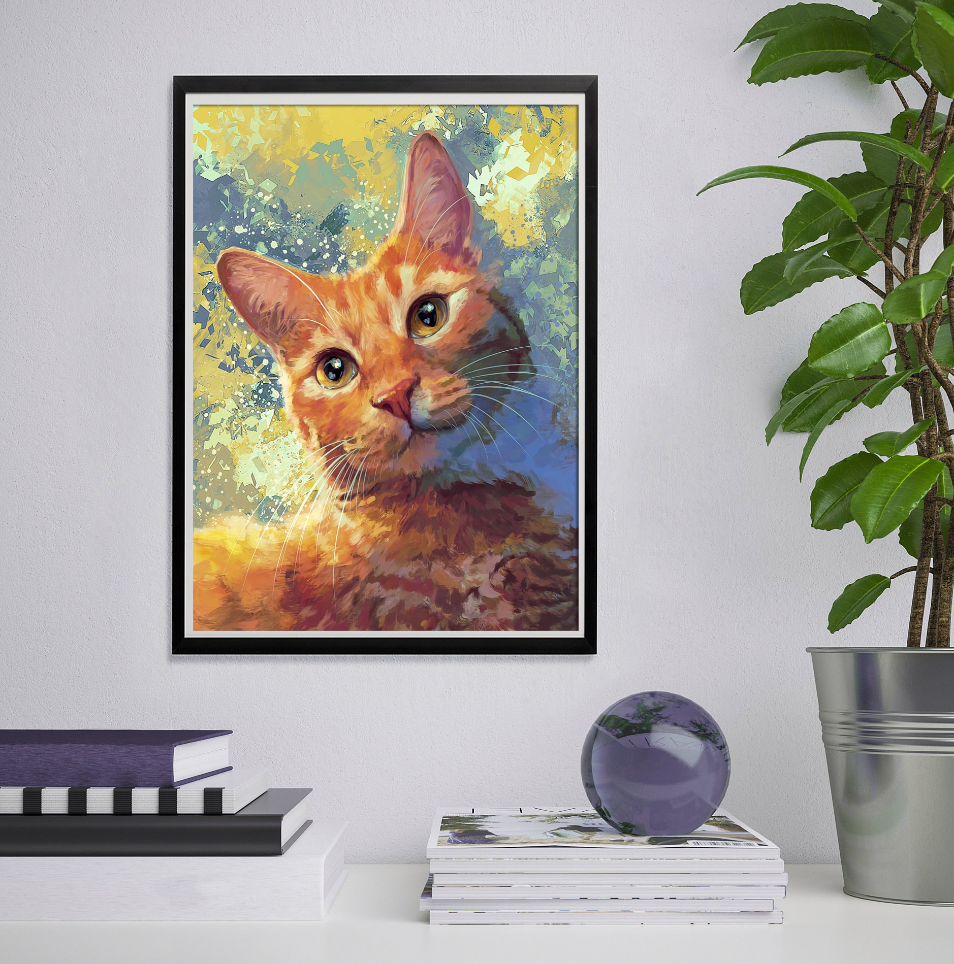 Graceful Charm: Ginger Cat Oil Painting Print - Wall Art for Cat Lovers  5x7