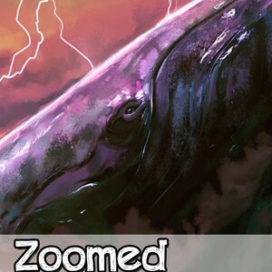 May include: A close-up of a whale's eye, with a pink and purple hue, against a stormy sky with white lightning bolts. The text "Zoomed View" is at the bottom of the image.