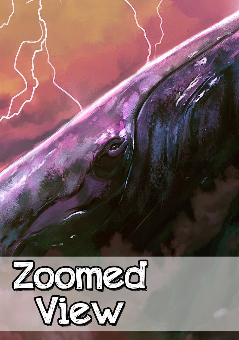 May include: A close-up of a whale's eye, with a pink and purple hue, against a stormy sky with white lightning bolts. The text "Zoomed View" is at the bottom of the image.