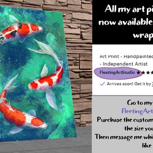 May include: A painting of three orange and white koi fish swimming in a turquoise blue pond. The fish are in a circular pattern, with their tails overlapping. The painting is on a canvas and has a textured surface.
