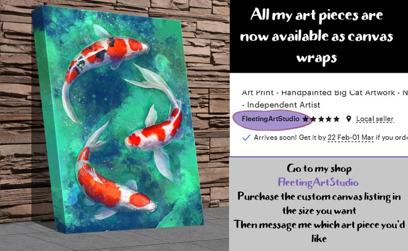 May include: A painting of three orange and white koi fish swimming in a turquoise blue pond. The fish are in a circular pattern, with their tails overlapping. The painting is on a canvas and has a textured surface.