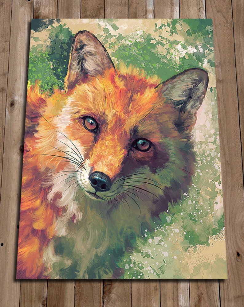 Grafika z lisem – Prezenty od lisa – Malowanie dzikich zwierząt – Portret leśny – Grafika z twarzą lisa – Grafika z lisem – Realistyczny wydruk artystyczny ze zwierzęciem zdjęcie 1