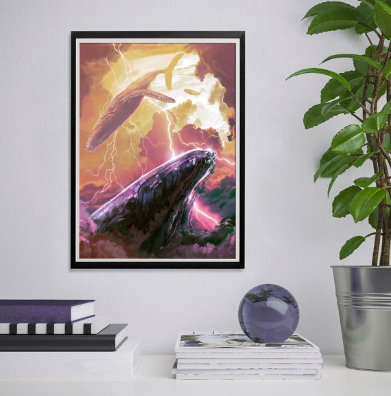 Surreal Art Print - Whales in the Sky - Lightning Whales - Surrealist Painting - Surrealism Poster - Blue Whale Art Print - Surreal Wall Art