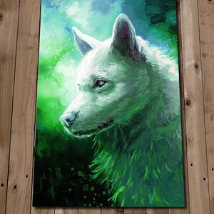 May include: A white wolf with green fur and a green and blue watercolor background.