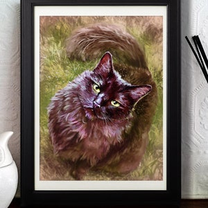 May include: Framed artwork featuring a black cat with yellow eyes, looking upwards. The cat has long, fluffy fur and is set against a backdrop of green and brown tones, suggesting grass. The artwork is in a black frame.