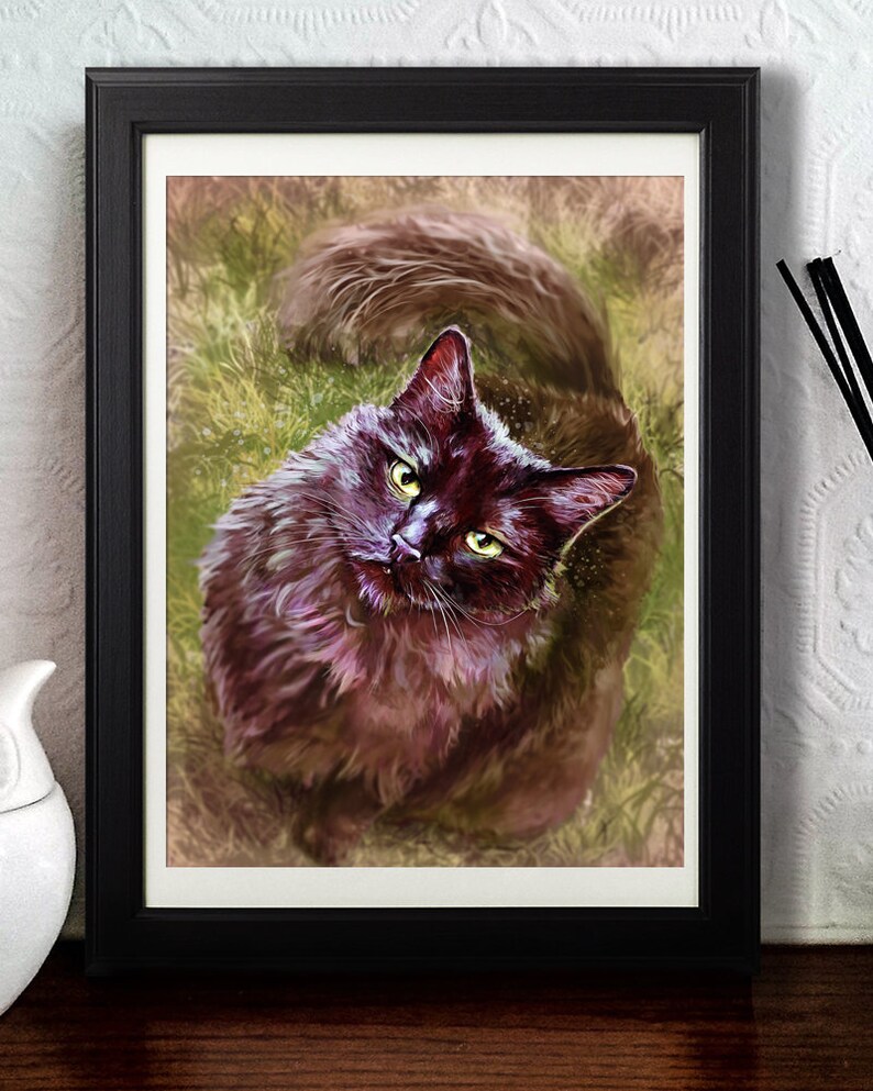 May include: Framed artwork featuring a black cat with yellow eyes, looking upwards. The cat has long, fluffy fur and is set against a backdrop of green and brown tones, suggesting grass. The artwork is in a black frame.