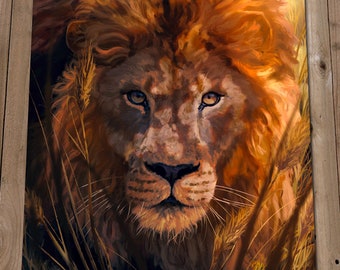 Lion Wall Art Painting - Safari Animal Prints - Hunting Lion Illustration - African Animal Artwork - Big Cat Giclee - Stalking Big Cat Print