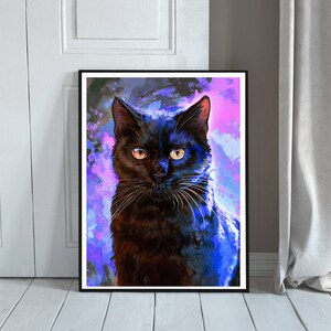 May include: A black cat with bright yellow eyes stares directly at the viewer. The cat is set against a background of purple, blue, and pink watercolor-like splatter.