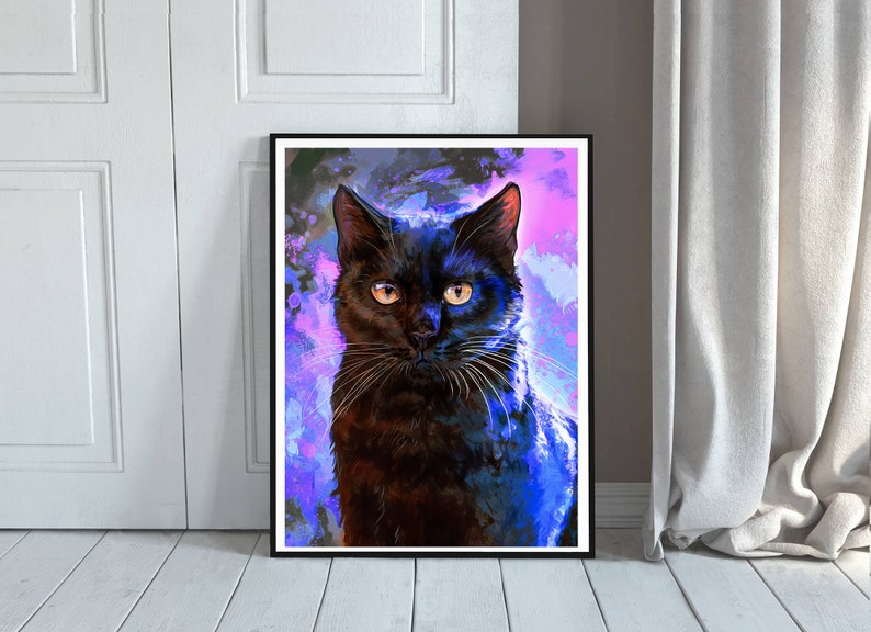 May include: A black cat with bright yellow eyes stares directly at the viewer. The cat is set against a background of purple, blue, and pink watercolor-like splatter.