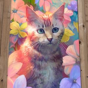 Flower Cat Art Print - Cute Cat Painting - Kitten Wall Art Decor - Tabby Cat Portrait - Independent Artist