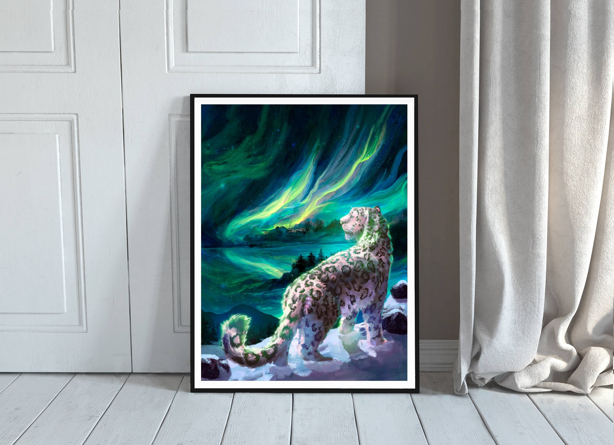 Snow Leopard Print - Aurora Borealis Art Painting - Fantasy Winter 