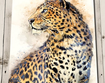 Muurkunst luipaardprint - Afrikaanse dierenkunst - safarikunst - jungleprint - realistische kunst grote kat - jungleillustratie - aquarelstijl