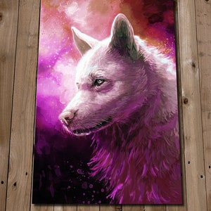 May include: A white wolf with pink fur and a pink and purple watercolor background.