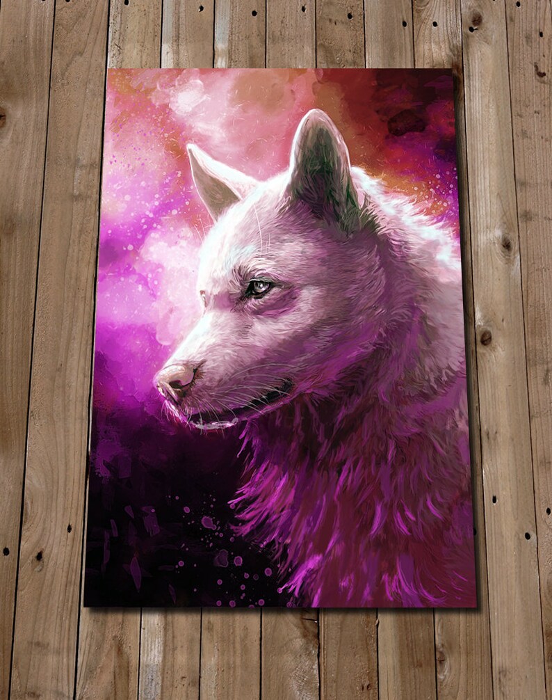 May include: A white wolf with pink fur and a pink and purple watercolor background.
