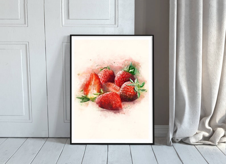 Kitchen Prints - Strawberry Art Print - Kitchen Artwork - Fruit Wall Art - Red Fruit - Strawberries - Watercolour Style - Fruit Decor Poster image 3