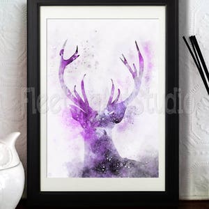 May include: A watercolor painting of a purple deer with antlers against a white background with purple and gray splatters.