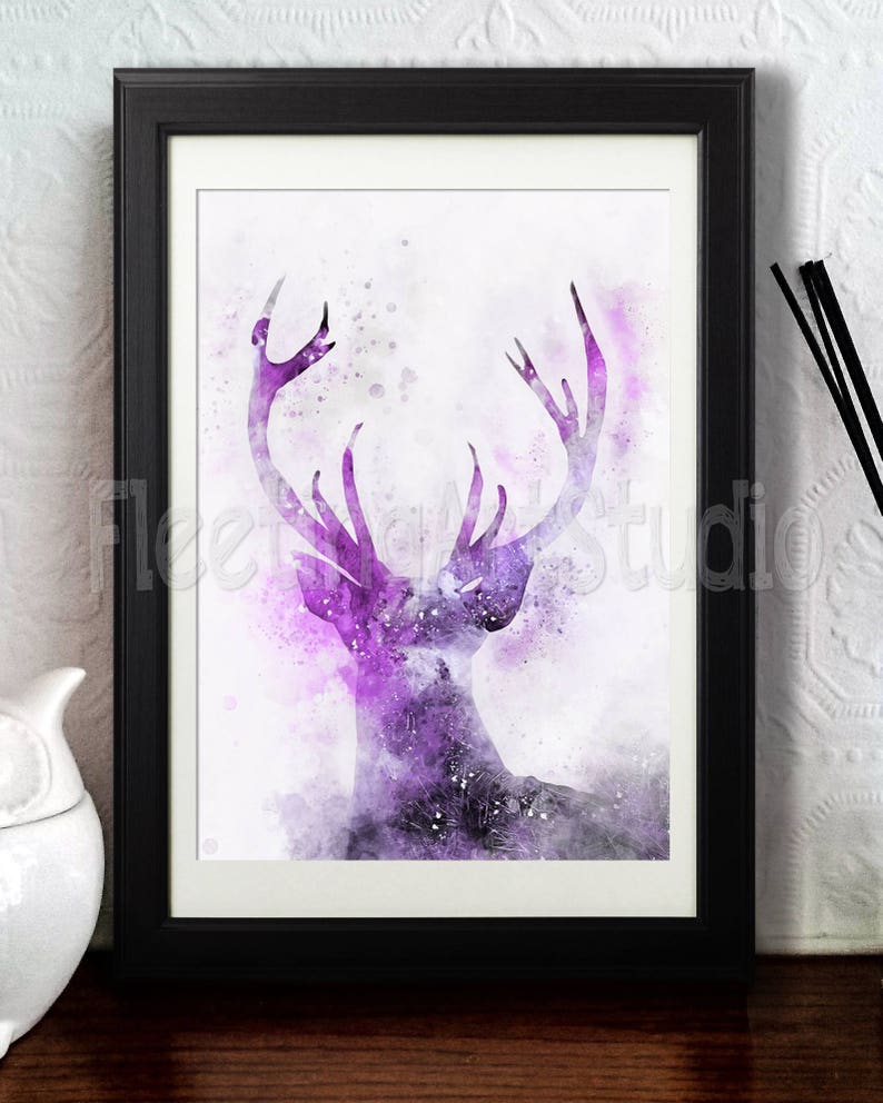 May include: A watercolor painting of a purple deer with antlers against a white background with purple and gray splatters.