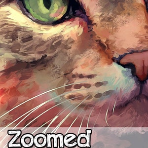 May include: Close-up of a cat's face with green eyes and a pink nose. The cat's fur is a mix of brown, orange, and white. The image is painted in a stylized, impressionistic style.