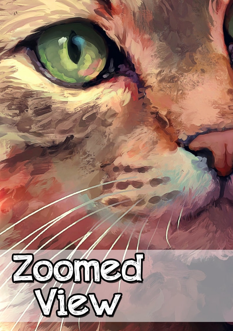 May include: Close-up of a cat's face with green eyes and a pink nose. The cat's fur is a mix of brown, orange, and white. The image is painted in a stylized, impressionistic style.