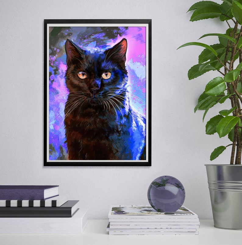 May include: A black cat with yellow eyes is depicted in a digital painting. The cat is looking directly at the viewer. The background is a vibrant mix of purple, blue, and pink.