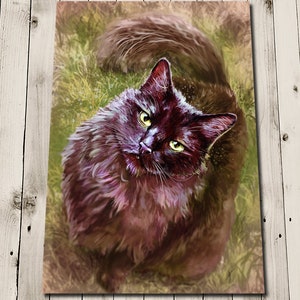 May include: A canvas print featuring a detailed illustration of a black cat with yellow eyes, looking upwards. The cat has long, fluffy fur and is set against a backdrop of green and brown grass. The artwork is mounted on a wooden surface.
