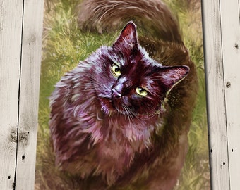 Black Cat Print - Cat Art Painting - Pet Cat Portrait - Black Cat Gift - Fluffy Black Cat - Pet Portrait Art - Animal Portrait - Cat Gifts