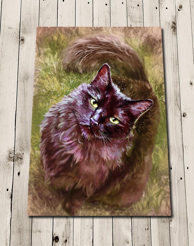May include: A canvas print featuring a detailed illustration of a black cat with yellow eyes, looking upwards. The cat has long, fluffy fur and is set against a backdrop of green and brown grass. The artwork is mounted on a wooden surface.