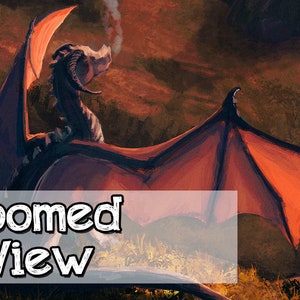 May include: A red and black dragon with smoke coming from its nostrils, sitting on a grassy hill with a rocky background. The dragon has its wings spread out and is looking to the right. The text "Zoomed View" is in the foreground.