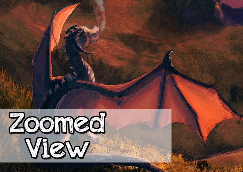 May include: A red and black dragon with smoke coming from its nostrils, sitting on a grassy hill with a rocky background. The dragon has its wings spread out and is looking to the right. The text "Zoomed View" is in the foreground.