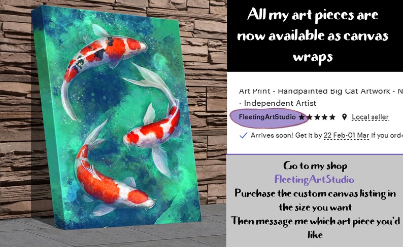 May include: A painting of three orange and white koi fish swimming in a turquoise blue pond. The fish are in a circular pattern, with their tails overlapping. The painting is on a canvas and has a textured surface.