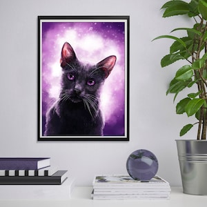 May include: A black cat with purple eyes stares at the camera. The cat is set against a purple and white background with a soft, watercolor effect.
