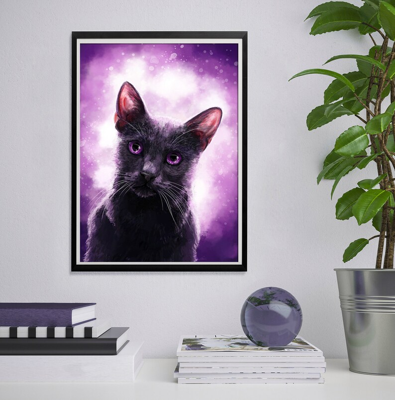 May include: A black cat with purple eyes stares at the camera. The cat is set against a purple and white background with a soft, watercolor effect.