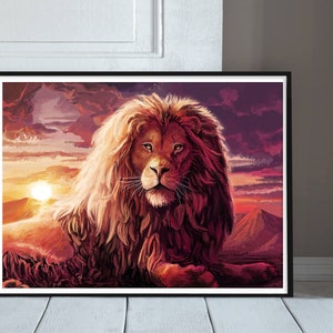 May include: A majestic lion with a thick mane of reddish-brown fur sits in a dramatic landscape with a fiery sunset in the background.