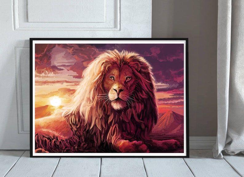 May include: A majestic lion with a thick mane of reddish-brown fur sits in a dramatic landscape with a fiery sunset in the background.