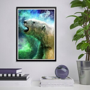 May include: A digital painting of a polar bear howling at the moon. The bear is white with a green and blue nebula behind it.