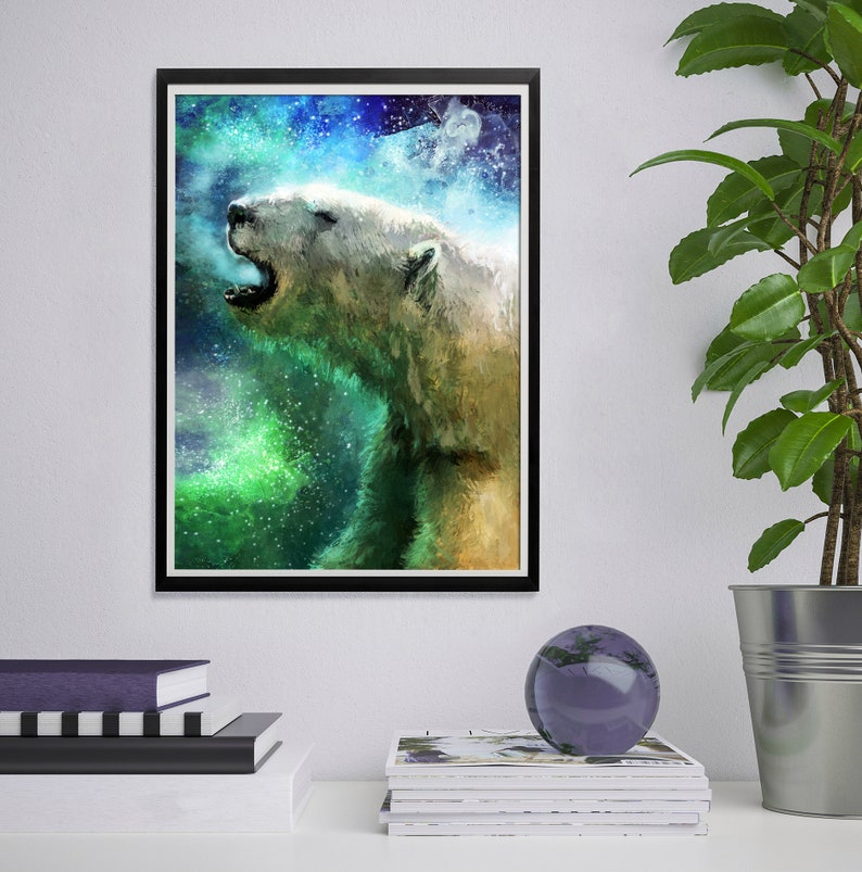 May include: A digital painting of a polar bear howling at the moon. The bear is white with a green and blue nebula behind it.