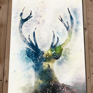 Stag Print - Blue Black Wall Art - Space Stag Watercolour Painting - Wall Decor - Deer Head Picture - Woodland Animals Poster - Gift Idea