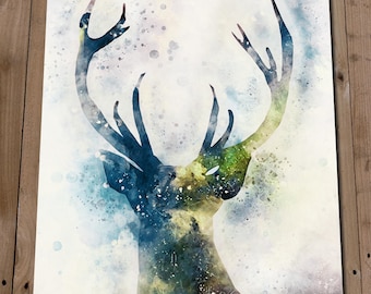Stag Print - Blue Black Wall Art - Space Stag Watercolour Painting - Wall Decor - Deer Head Picture - Woodland Animals Poster - Gift Idea