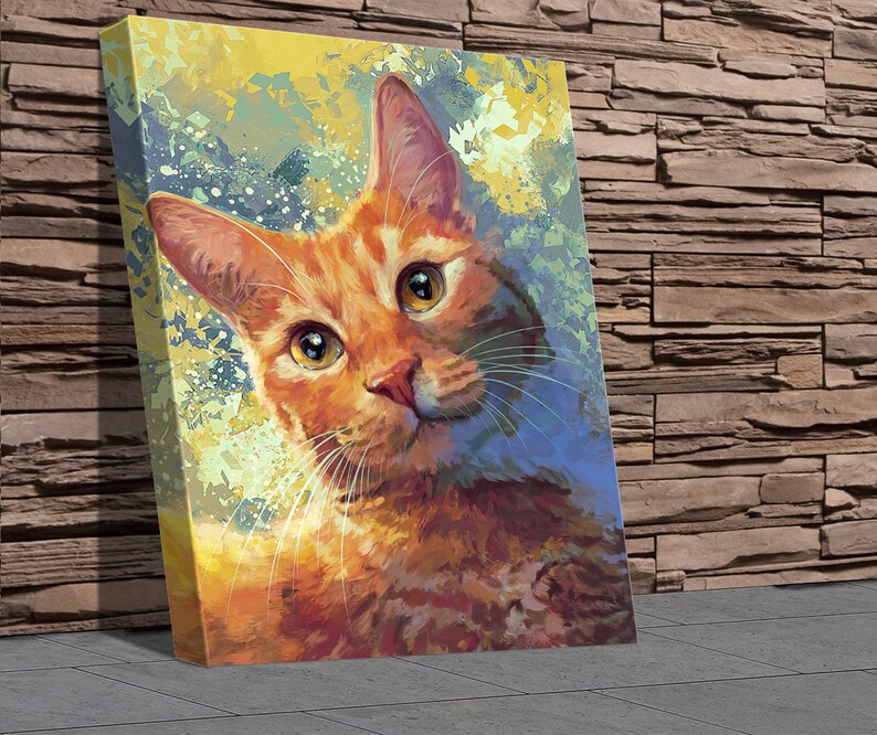 May include: A close-up portrait of a ginger cat with green eyes. The cat is looking directly at the viewer with a curious expression. The background is a colorful abstract painting with splashes of yellow, blue, and green.
