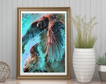 Raven Art Print - Two Ravens Painting Print - Crow Painting Print - Unusual Wall Art - Unusual Art - Crow Fight - Gothic Art - Gothic Decor