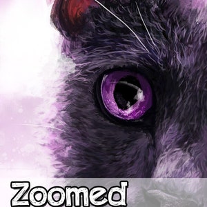 May include: Close-up of a cat's eye with purple iris and black fur. The cat's ear is visible in the background.