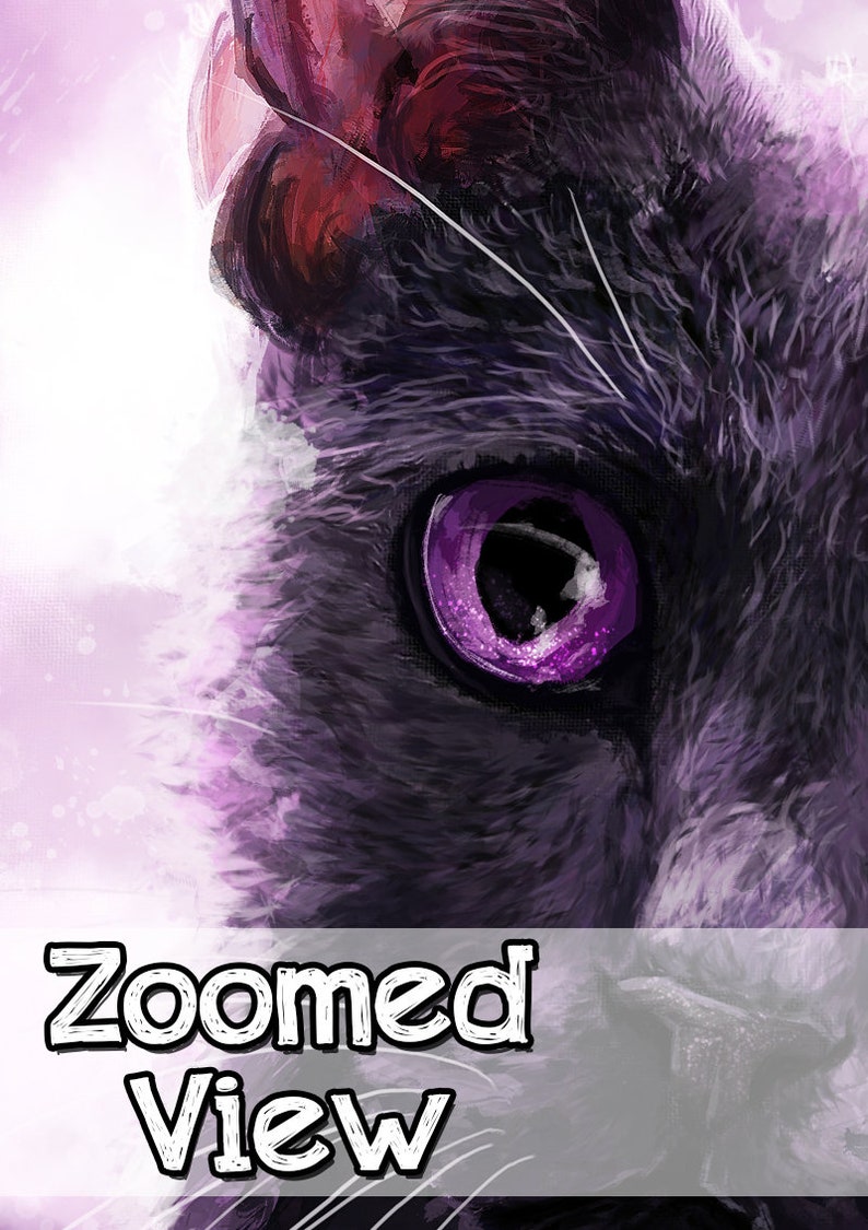 May include: Close-up of a cat's eye with purple iris and black fur. The cat's ear is visible in the background.